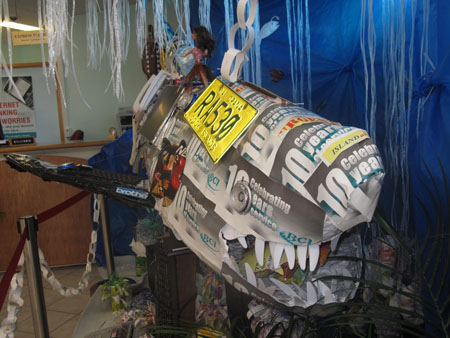 Bank of the Cook Islands Shark trash art sculpture (1)