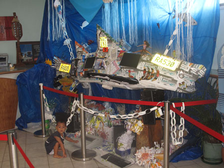 Bank of the Cook Islands Shark trash art sculpture